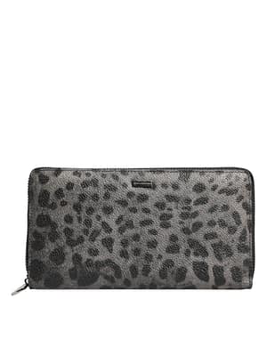 Dolce & Gabbana Black Gray Leopard Leather Zip Around Continental Wallet