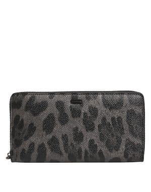 Dolce & Gabbana Black Gray Leopard Leather Zip Around Continental Wallet