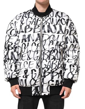Dolce & Gabbana White Black Graffiti Logo Puffer Bomber Jacket