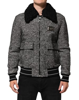 Dolce & Gabbana Gray Wool Herringbone Shearling Collar Bomber Jacket