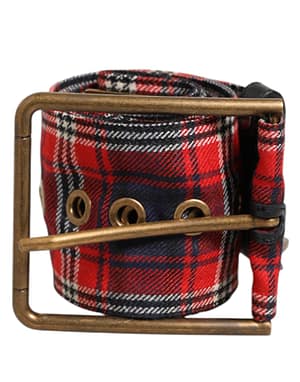 Dolce & Gabbana Red Plaid Fabric Logo Plate Brass Buckle Belt