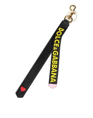 Dolce & Gabbana Black Yellow Logo Letaher Brass Holder Keychain Keyring