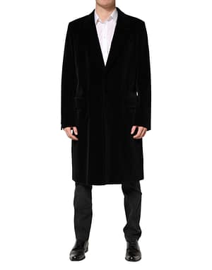 Dolce & Gabbana Black Cotton Velvet Long Trench Coat Jacket