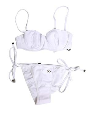 Dolce & Gabbana White Nylon Bikini Logo Plaque 2 Piece Swimwear
