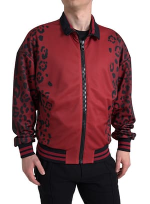 Dolce & Gabbana Red Leopard Polyester Bomber Full Zip Jacket