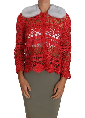 Dolce & Gabbana Red Cardigan Crochet Knit Raffia Sweater