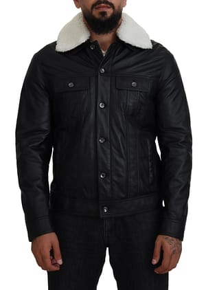 Dolce & Gabbana Black Lamb Leather Collared Men Coat Jacket