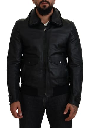 Dolce & Gabbana Black Lamb Leather Collared Men Coat Jacket