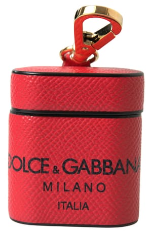 Dolce & Gabbana Red Black Calf Leather Logo Print Strap Airpods Case