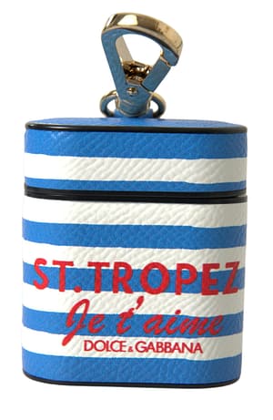 Dolce & Gabbana Blue Stripe Dauphine Leather Logo Print Airpod Case