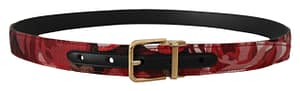 Dolce & Gabbana Red Jacquard Rose Leather Gold Metal Buckle Belt
