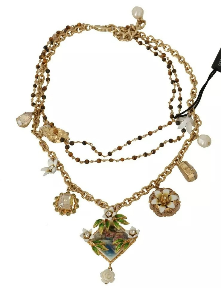 Dolce & Gabbana Gold Brass Crystal Floral Statement Charms Necklace - Image 4