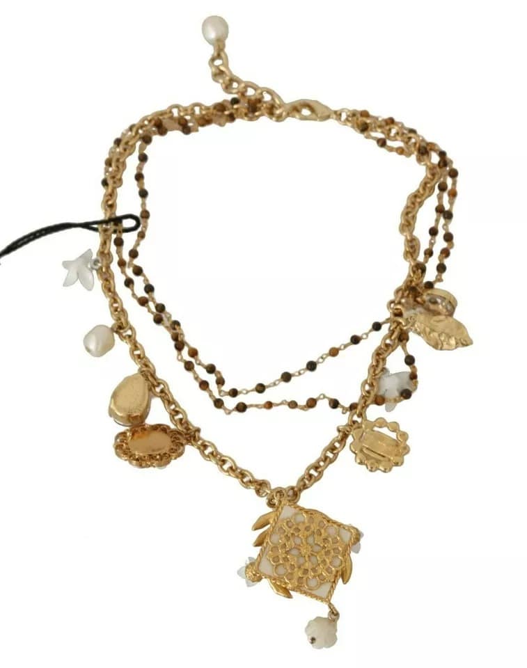 Dolce & Gabbana Gold Brass Crystal Floral Statement Charms Necklace - Image 3