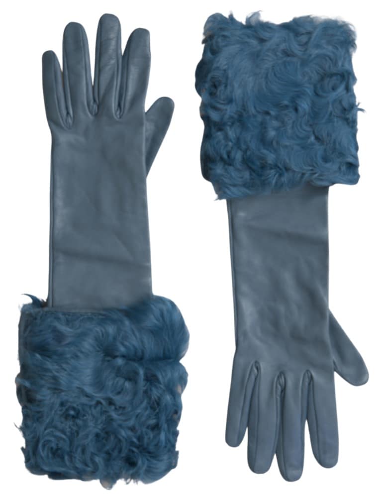 Dolce & Gabbana Blue Leather Fur Mid Arm Length Gloves - Image 3