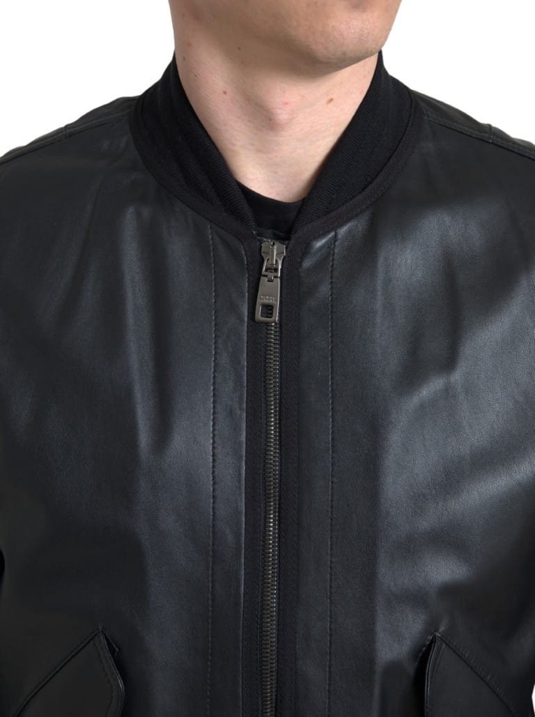 Dolce & Gabbana Black Leather Blouson Full Zip Bomber Jacket - Image 8