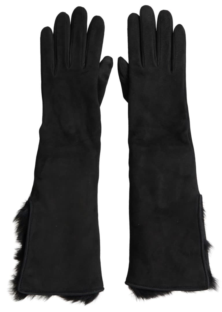 Dolce & Gabbana Black Leather Fur Elbow Length Gloves - Image 2