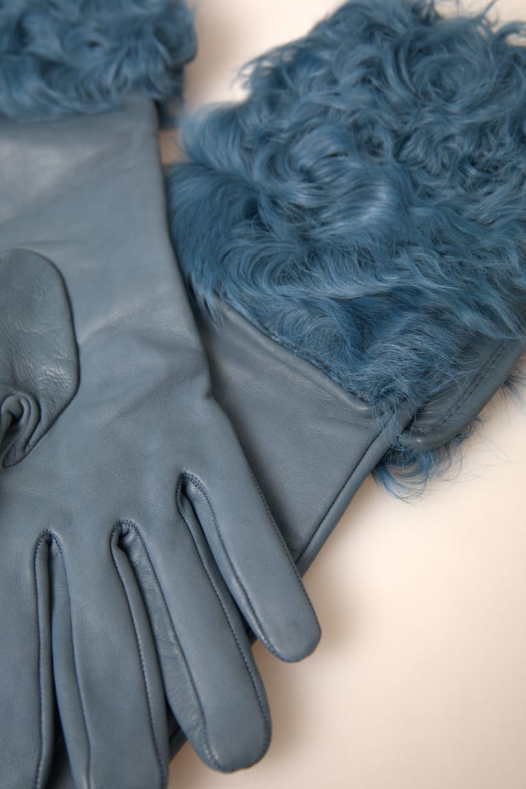 Dolce & Gabbana Blue Leather Fur Mid Arm Length Gloves - Image 2