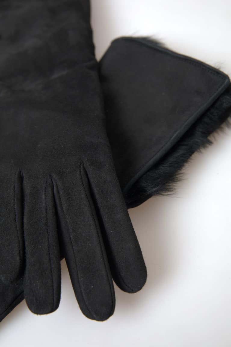 Dolce & Gabbana Black Leather Fur Elbow Length Gloves - Image 3
