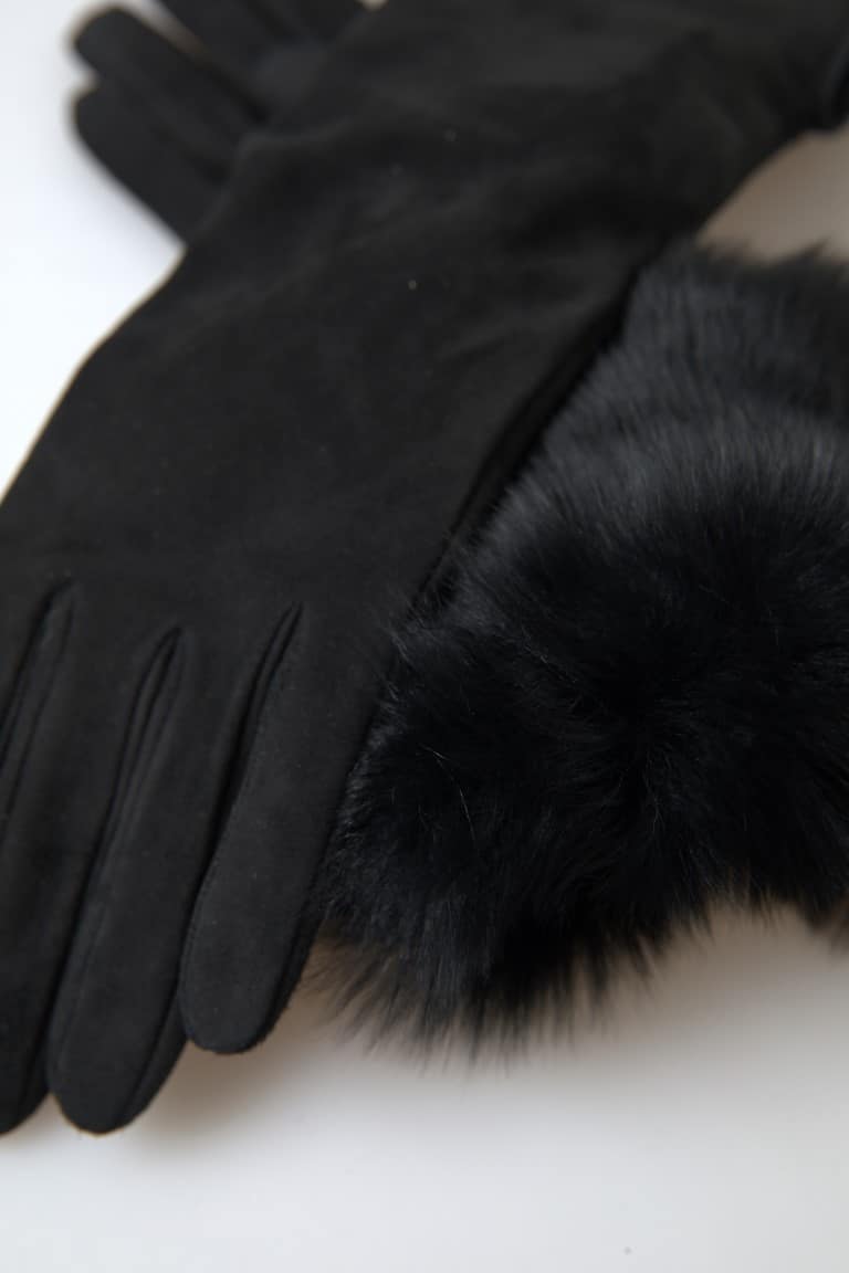 Dolce & Gabbana Black Leather Fur Elbow Length Gloves - Image 4