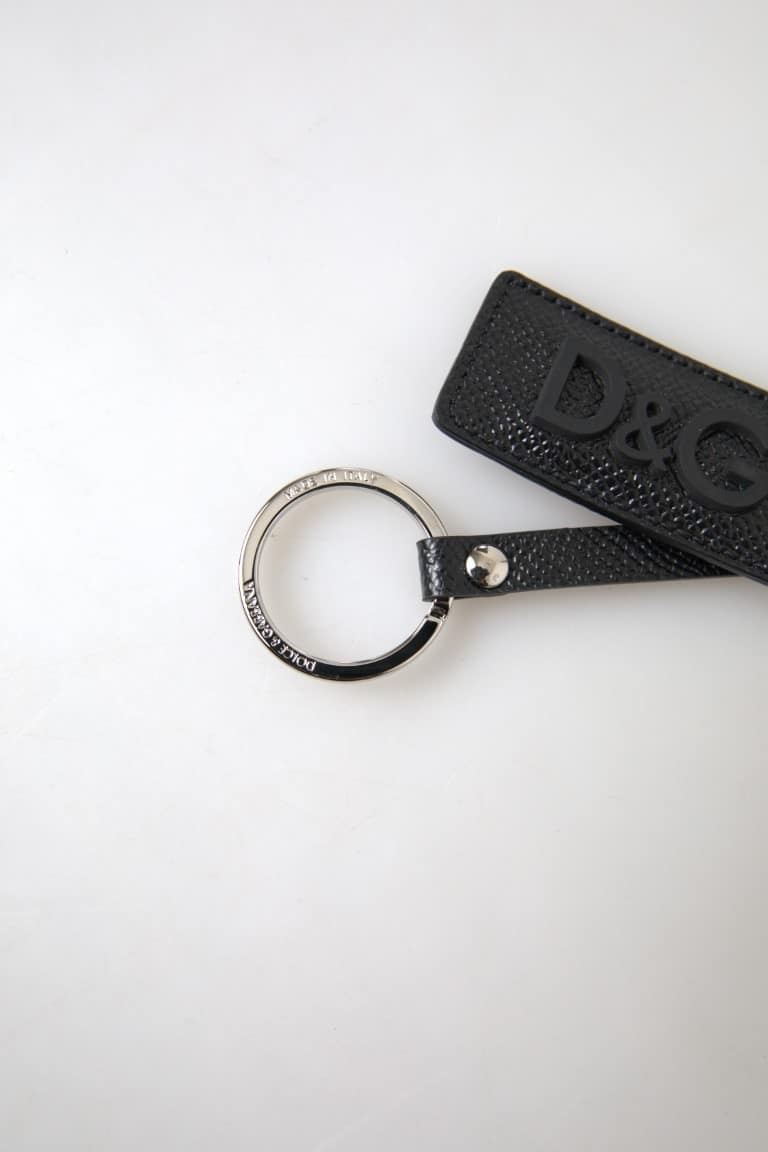Dolce & Gabbana Black DG Logo Leather Silver Metal Keychain - Image 2