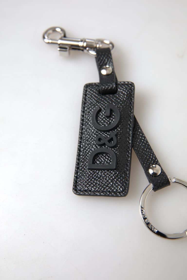 Dolce & Gabbana Black DG Logo Leather Silver Metal Keychain - Image 3