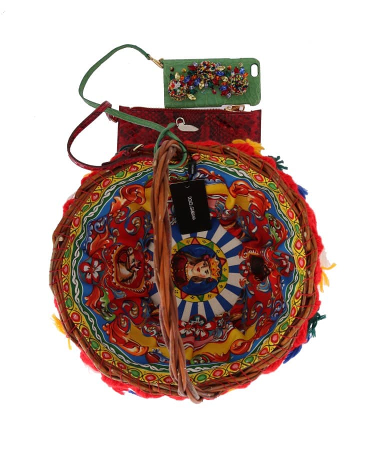 Dolce & Gabbana Multicolor AGNESE Straw Crystal Pom Pom Bag - Image 6