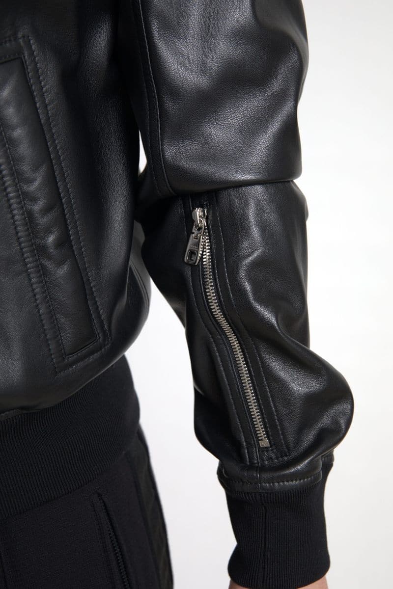 Dolce & Gabbana Black Leather Full Zip Bomber Men Jacket - Image 3