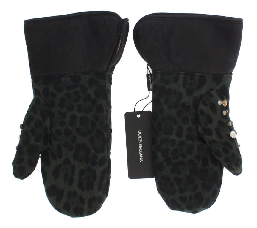 Dolce & Gabbana Gray Wool Shearling Studded Green Leopard Gloves - Image 8