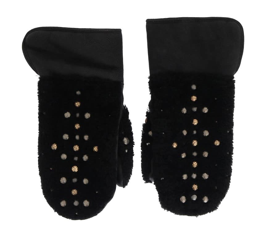 Dolce & Gabbana Black Leather Shearling Studded Gloves - Image 4