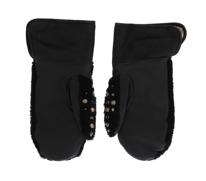 Dolce & Gabbana Black Leather Shearling Studded Gloves - Image 5
