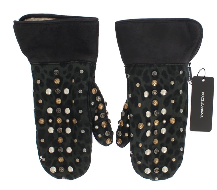 Dolce & Gabbana Gray Wool Shearling Studded Green Leopard Gloves - Image 7