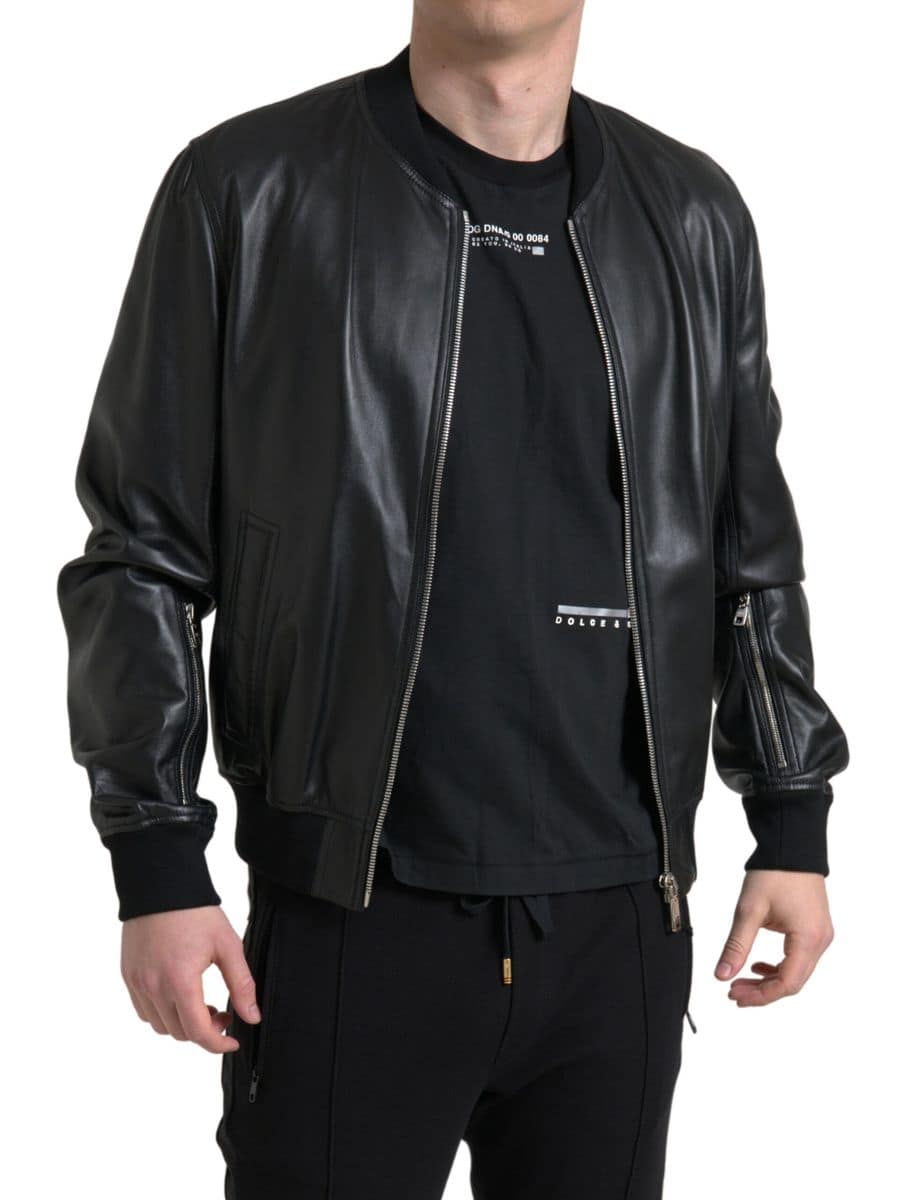 Dolce & Gabbana Black Leather Full Zip Bomber Men Jacket - Image 4