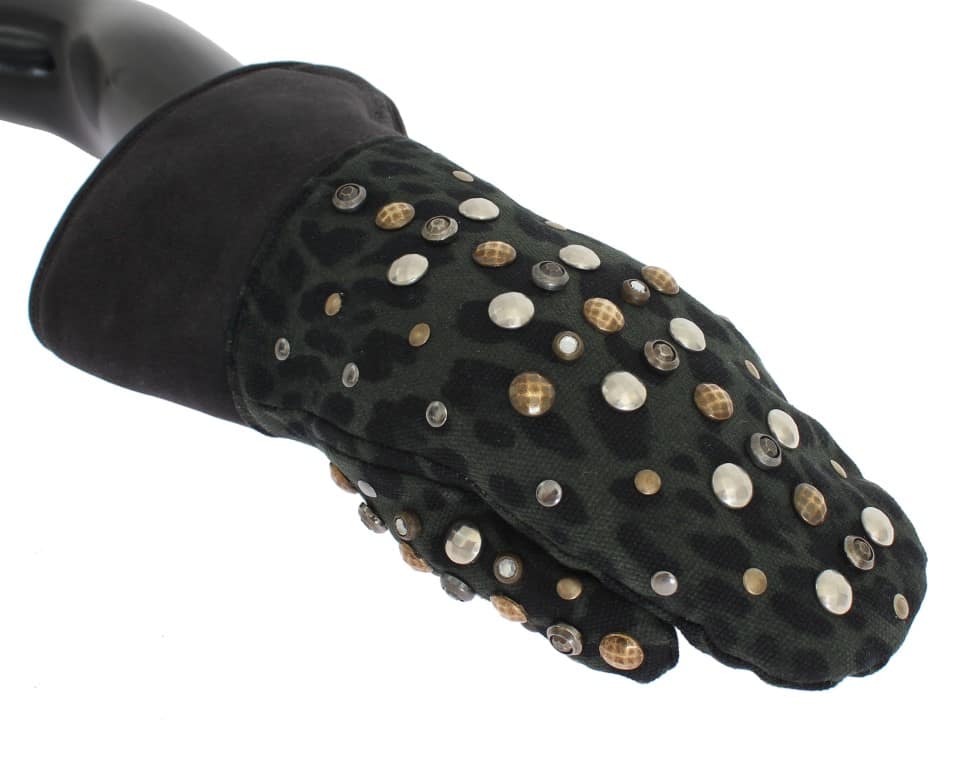 Dolce & Gabbana Gray Wool Shearling Studded Green Leopard Gloves - Image 3
