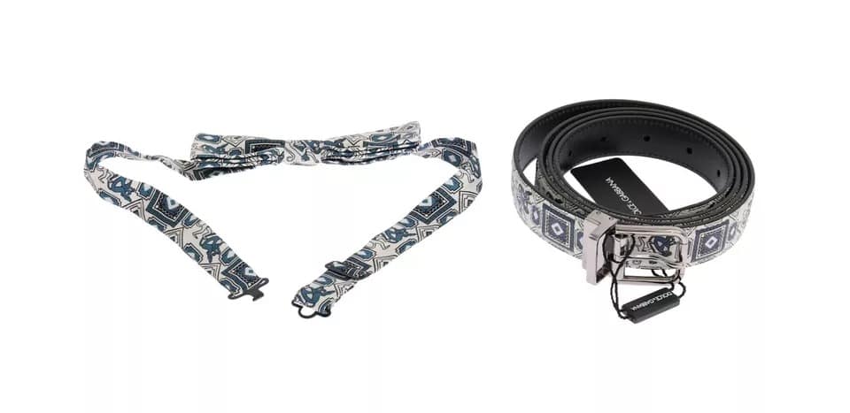 Dolce & Gabbana White Blue Silk Bowtie Leather Belt Gift Box Set - Image 4