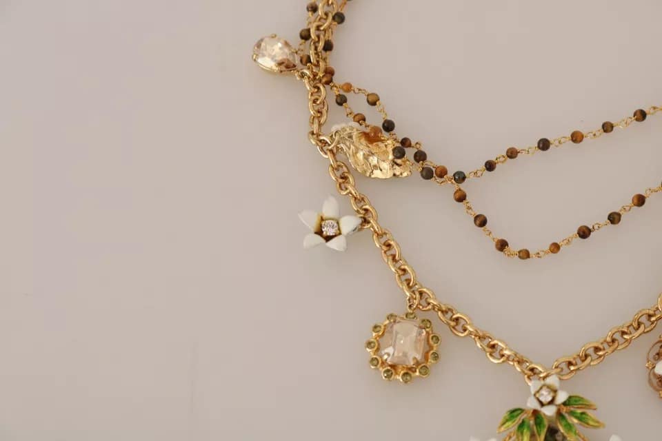 Dolce & Gabbana Gold Brass Crystal Floral Statement Charms Necklace - Image 5