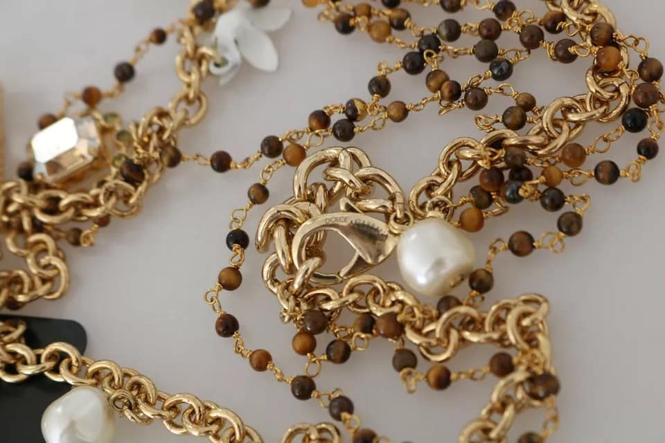 Dolce & Gabbana Gold Brass Crystal Floral Statement Charms Necklace - Image 6