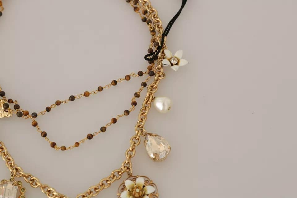 Dolce & Gabbana Gold Brass Crystal Floral Statement Charms Necklace - Image 7