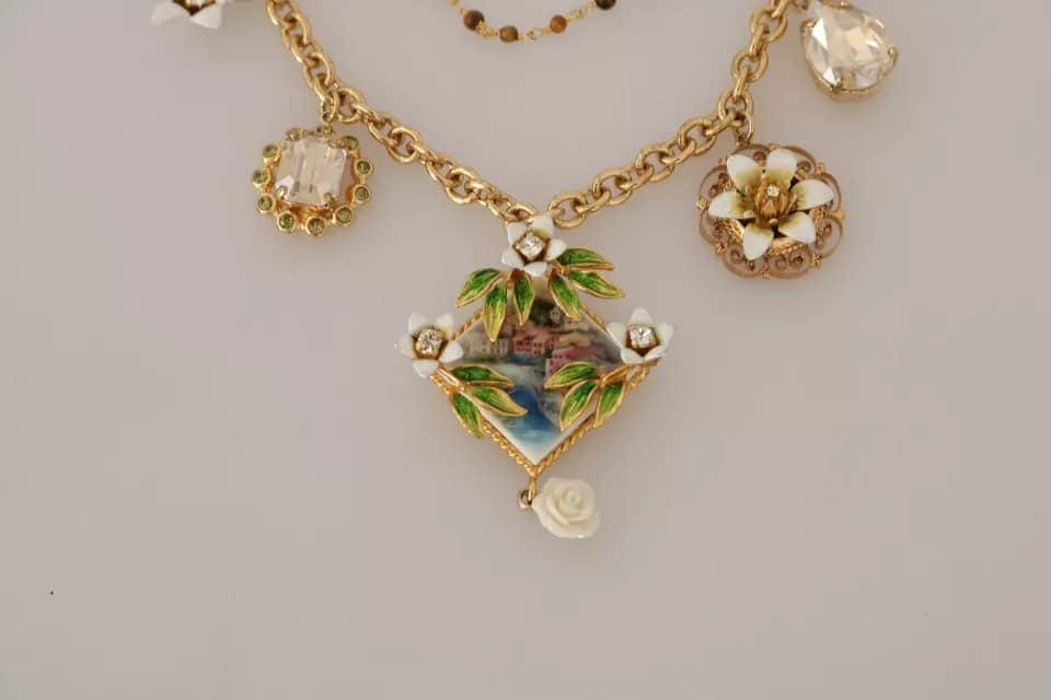 Dolce & Gabbana Gold Brass Crystal Floral Statement Charms Necklace - Image 8