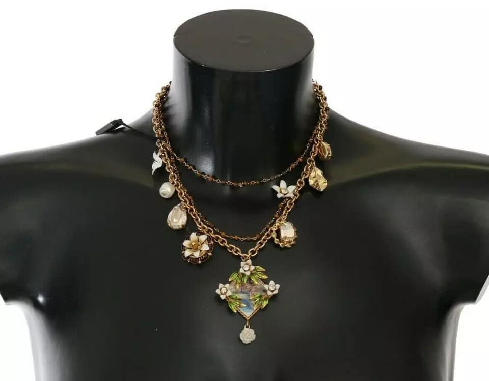 Dolce & Gabbana Gold Brass Crystal Floral Statement Charms Necklace - Image 2