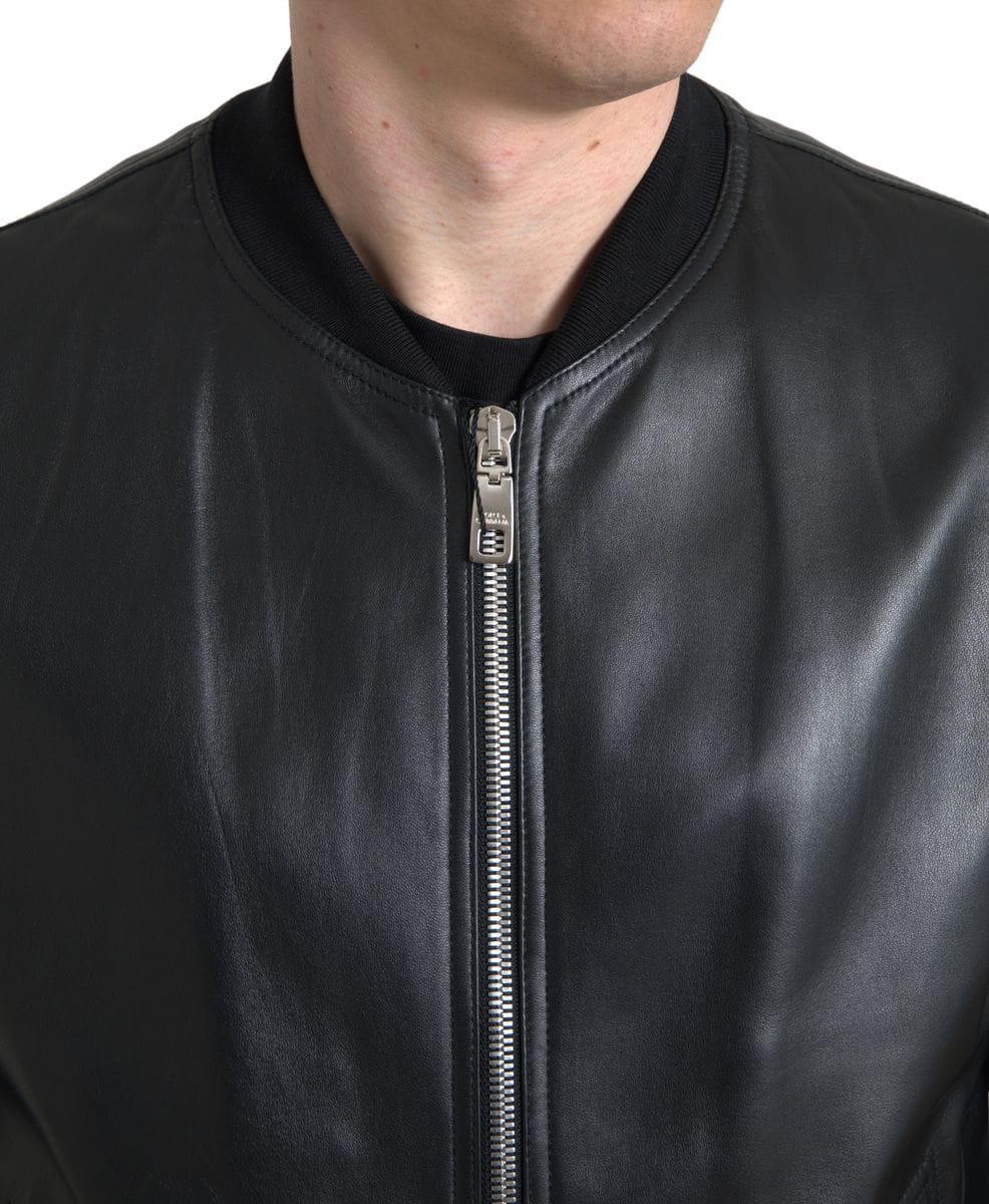 Dolce & Gabbana Black Leather Full Zip Bomber Men Jacket - Image 2
